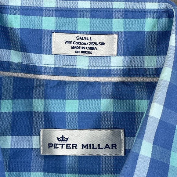 Peter Millar Mens Small Blue Plaid Cotton Silk Short Sleeve Button Up Shirt - Picture 3 of 6